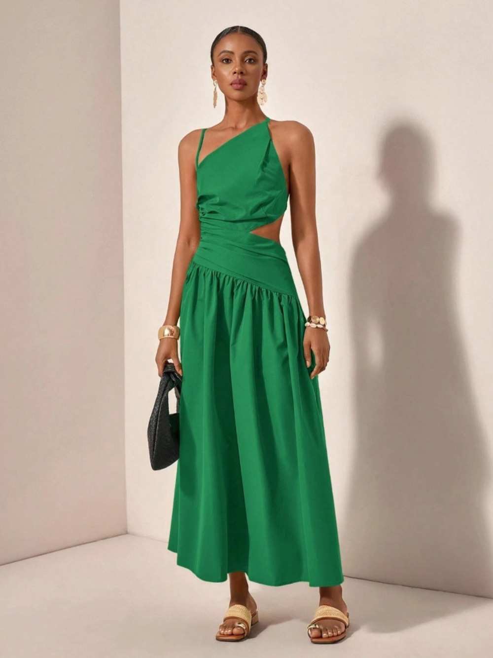 Asymmetrical Green Dress Cut Out Ruched Maxi Lace Up Back - Picture 7 of 8